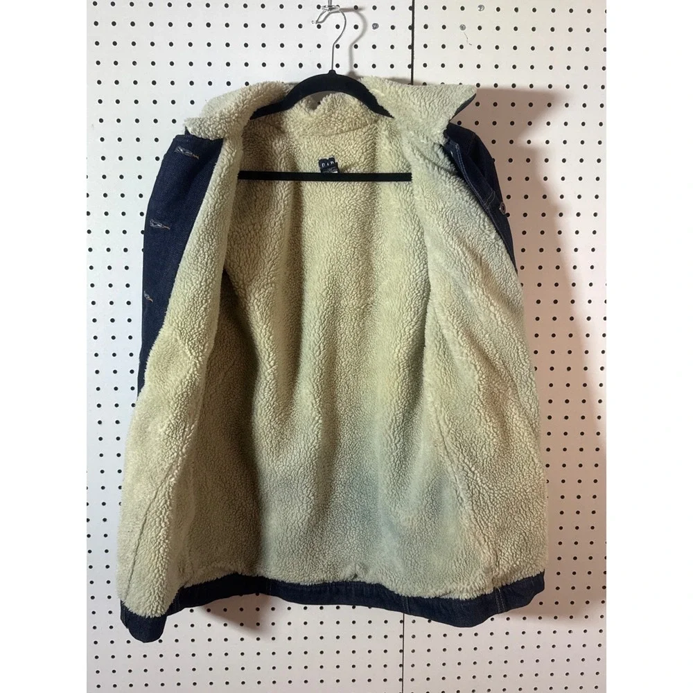 Gap Denim Sherpa Lined Trucker Jacket Womens Medium Dark Wash Blue Jean Coat - Picture 4 of 4